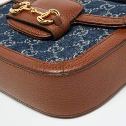 Gucci Blue/Brown GG Denim and Leather Mini Horsebit 1955 Crossbody Bag