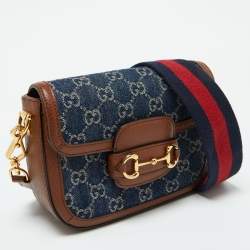 Gucci Blue/Brown GG Denim and Leather Mini Horsebit 1955 Crossbody Bag