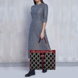 Pre Owned Gucci Red/Black Jumbo GG Tweed Large Rajah Tote