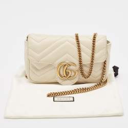 Pre Owned Gucci Off White Matelassé Leather Super Mini GG Marmont Shoulder Bag