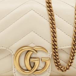 Pre Owned Gucci Off White Matelassé Leather Super Mini GG Marmont Shoulder Bag