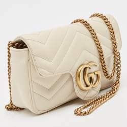 Pre Owned Gucci Off White Matelassé Leather Super Mini GG Marmont Shoulder Bag