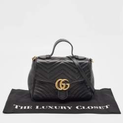 Pre Owned Gucci Black Matelassé Leather Small GG Marmont Top Handle Bag