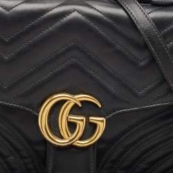 Pre Owned Gucci Black Matelassé Leather Small GG Marmont Top Handle Bag