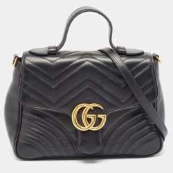 Pre Owned Gucci Black Matelassé Leather Small GG Marmont Top Handle Bag