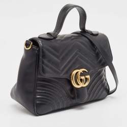 Pre Owned Gucci Black Matelassé Leather Small GG Marmont Top Handle Bag