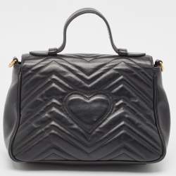 Pre Owned Gucci Black Matelassé Leather Small GG Marmont Top Handle Bag