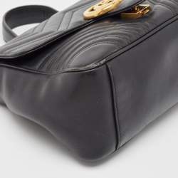 Pre Owned Gucci Black Matelassé Leather Small GG Marmont Top Handle Bag