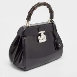 Gucci Black Glossy Leather Bamboo Lady Lock Top Handle Bag