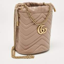 Pre Owned Gucci Beige Matelassé Leather Mini GG Marmont Torchon Bucket Bag      