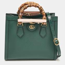 Pre Owned Gucci Green Leather Small Bamboo Diana Tote