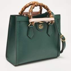 Pre Owned Gucci Green Leather Small Bamboo Diana Tote