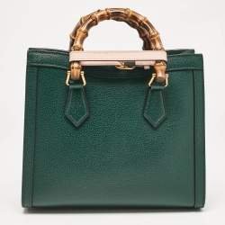 Pre Owned Gucci Green Leather Small Bamboo Diana Tote