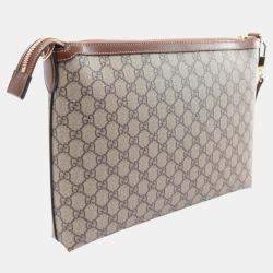Pre Owned Gucci Beige Brown Coated Canvas Leather GG Supreme Shoulder Bag