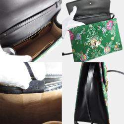 Pre Owned Gucci Green Multicolor Gold Satin Sylvie Shoulder Bag