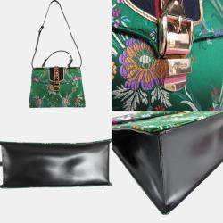 Pre Owned Gucci Green Multicolor Gold Satin Sylvie Shoulder Bag