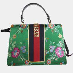 Pre Owned Gucci Green Multicolor Gold Satin Sylvie Shoulder Bag