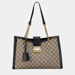 Gucci Beige Black PVC Leather GG Supreme Padlock Chain Shoulder Bag