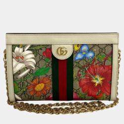 Gucci Brown White Leather Ophidia Flora Chain Shoulder Bag