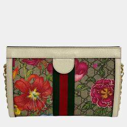 Gucci Brown White Leather Ophidia Flora Chain Shoulder Bag