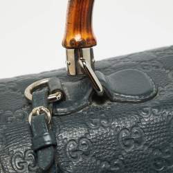 Pre Owned Gucci Navy Blue Leather Large New Bamboo Tassel Top Handle Bag