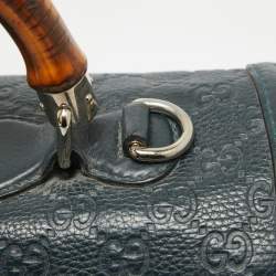 Pre Owned Gucci Navy Blue Leather Large New Bamboo Tassel Top Handle Bag