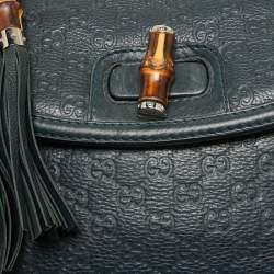 Pre Owned Gucci Navy Blue Leather Large New Bamboo Tassel Top Handle Bag