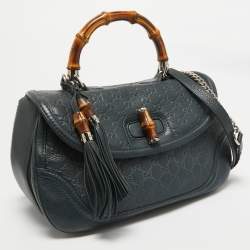 Pre Owned Gucci Navy Blue Leather Large New Bamboo Tassel Top Handle Bag
