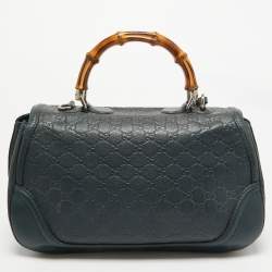 Pre Owned Gucci Navy Blue Leather Large New Bamboo Tassel Top Handle Bag