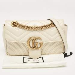Pre Owned Gucci Off White Matelassé Leather Mini GG Marmont Shoulder Bag