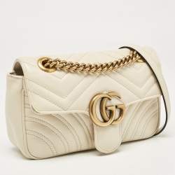 Pre Owned Gucci Off White Matelassé Leather Mini GG Marmont Shoulder Bag