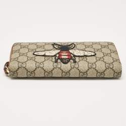 Gucci Beige Bee Printed GG Supreme Canvas Zip Around Continental Wallet