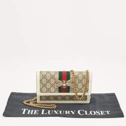 Gucci White/Beige GG Supreme Canvas and Leather Queen Margaret Wallet On Chain
