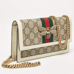 Gucci White/Beige GG Supreme Canvas and Leather Queen Margaret Wallet On Chain