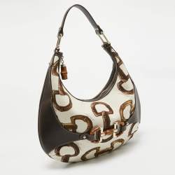 Gucci Dark Brown/Natural Print Canvas Bamboo Horsebit Amalfi Hobo