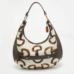 Gucci Dark Brown/Natural Print Canvas Bamboo Horsebit Amalfi Hobo