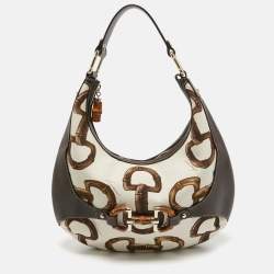 Gucci Dark Brown/Natural Print Canvas Bamboo Horsebit Amalfi Hobo