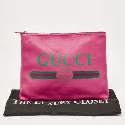 Pre Owned Gucci Fuchsia Leather Logo Print Zip Pouch