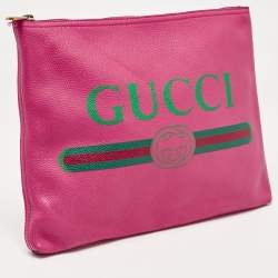 Pre Owned Gucci Fuchsia Leather Logo Print Zip Pouch