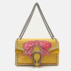 Gucci Yellow Suede Crystal Bow Embroidered Dionysus Shoulder Bag