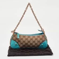 Pre Owned Gucci Beige/Blue GG Canvas and Leather Baguette Bag