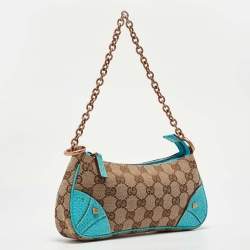 Pre Owned Gucci Beige/Blue GG Canvas and Leather Baguette Bag