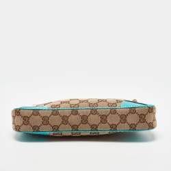 Pre Owned Gucci Beige/Blue GG Canvas and Leather Baguette Bag