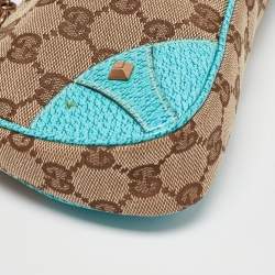 Pre Owned Gucci Beige/Blue GG Canvas and Leather Baguette Bag