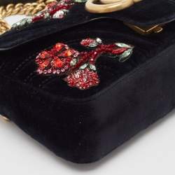 Gucci Black Matelassé Velvet Mini Crystals Embellished GG Marmont Shoulder Bag