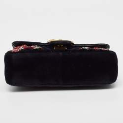 Gucci Black Matelassé Velvet Mini Crystals Embellished GG Marmont Shoulder Bag