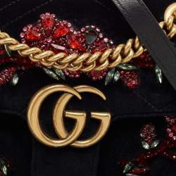 Gucci Black Matelassé Velvet Mini Crystals Embellished GG Marmont Shoulder Bag