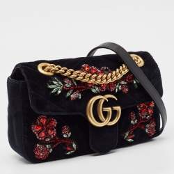 Gucci Black Matelassé Velvet Mini Crystals Embellished GG Marmont Shoulder Bag