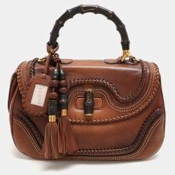 Pre Owned Gucci Brown Leather Large New Bamboo Top Handle Bag