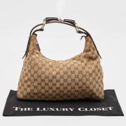 Pre Owned Gucci Beige/Brown GG Canvas and Leather Horsebit Handle Hobo
